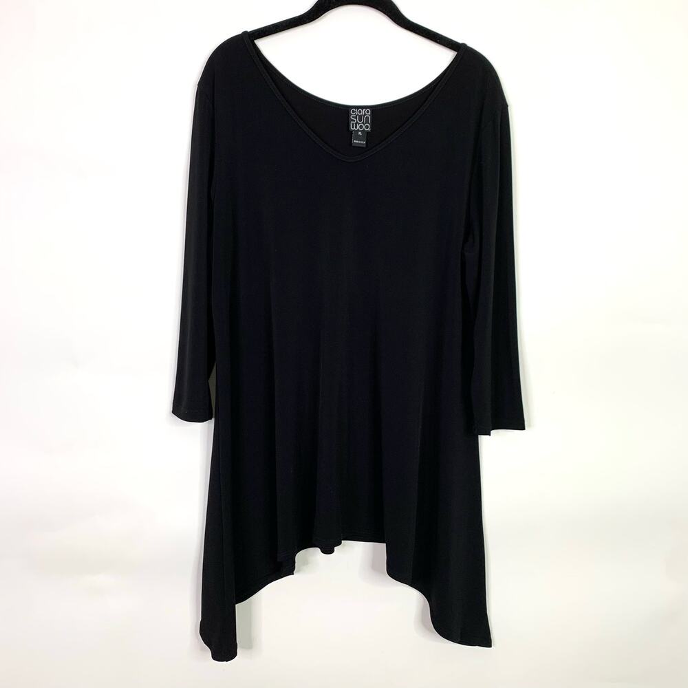 Clara Sun Woo Sz XL Black Liquid Knit Tunic Top Lagenlook Slinky Shark Bite Hem